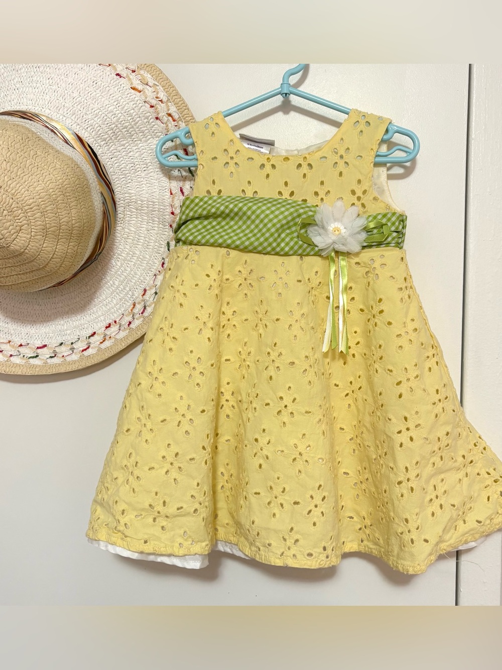 Blueberi Boulevard Yellow Eyelet Dress with Green Gingham Sash